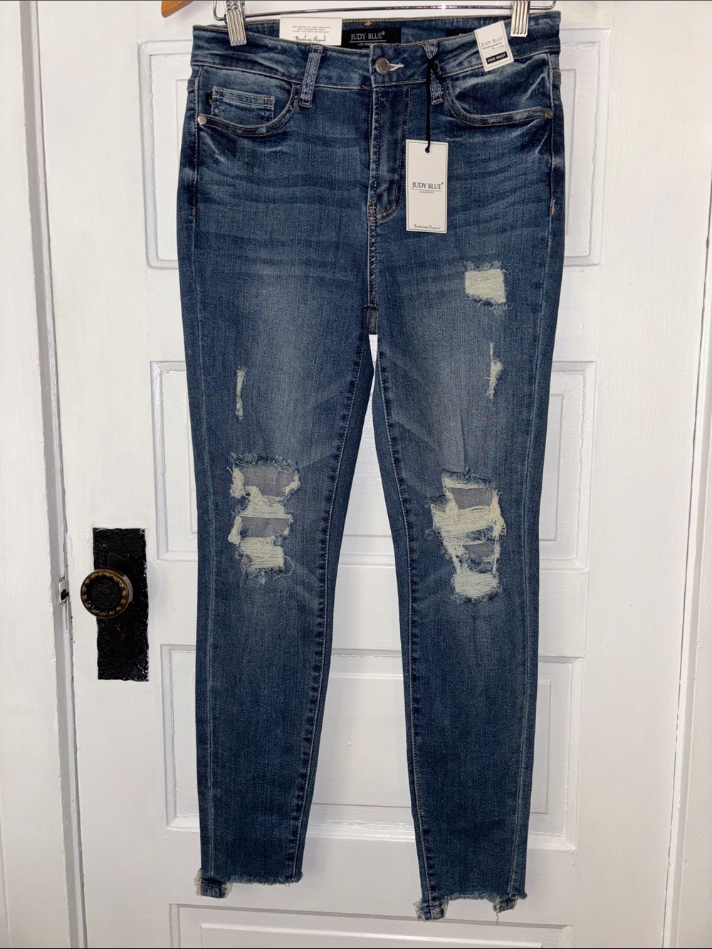 JUDY BLUE HIGH WAIST SKINNY FIT JEANS WITH DISTRESSING AND HOLES